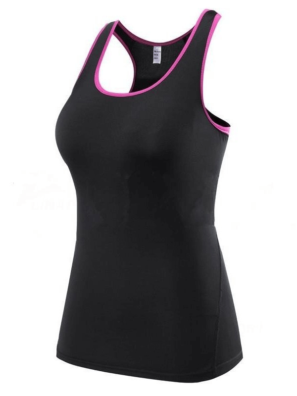 Women's black sleeveless sports top with pink trim, quick-dry fabric, perfect for running, cycling, and dance activities.